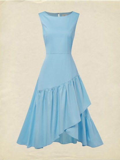 Maxi Cotton Dress , Sleeveless, Round Neck, Plain, Ruffles, French Vintage, Blue - Blue