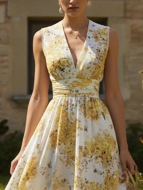 Maxi Linen Dress, Sleeveless, V Neck, Floral, Vacation, Vintage, Light Yellow - Light Yellow