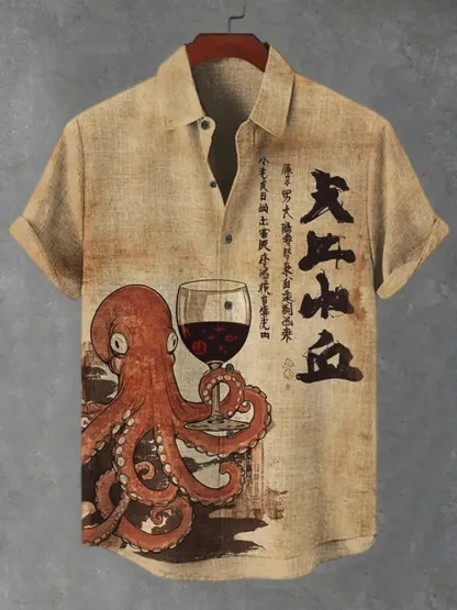 Men's Octopus Holding A Goblet Art Print Casual Shirt - Khaki