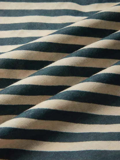 Maxi Cotton Dress, Half Sleeve, V Neck, Striped, French Vintage, Blue - Blue
