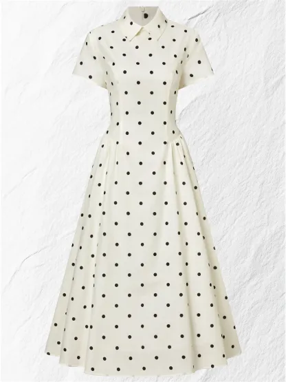 Maxi Linen Dress, Short Sleeves, Shawl Collar, Polka Dots, French Vintage, Off White - Off White