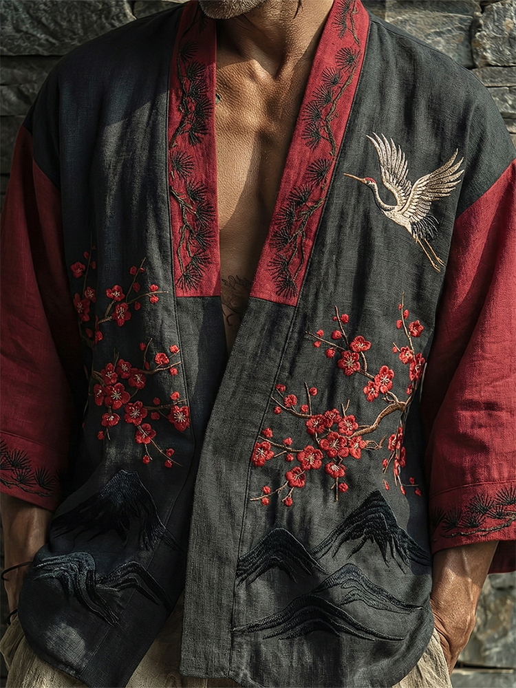Japanese Cherry Blossoms Cranes Patchwork Art Linen Kimono Cardigan - Black red