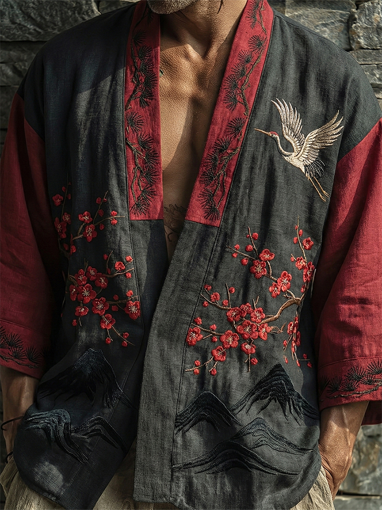 Japanese Cherry Blossoms Cranes Patchwork Art Linen Kimono Cardigan - Black red