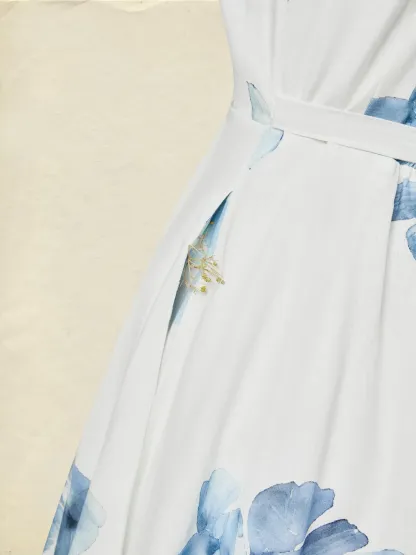 Maxi Cotton Dress, Sleeveless, Square Neck, Floral, Pocket Design, Vacation, Vintage, White - White