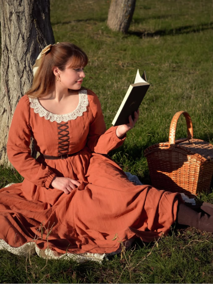Maxi Cotton Dress, Long Sleeves, Square Neck,  Princess Line, Linen Blend, Orange - Orange
