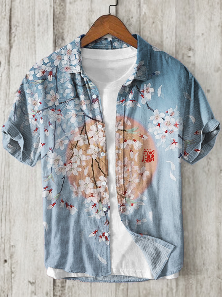 Cherry Blossom Full Moon Japanese Art Linen Blend Shirt - Pink