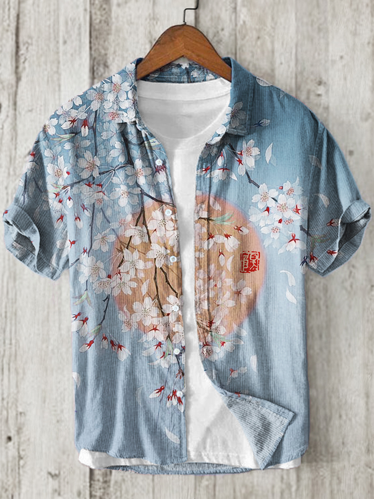 Cherry Blossom Full Moon Japanese Art Linen Blend Shirt - Pink