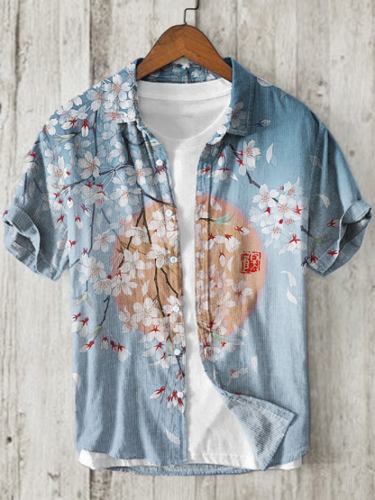 Cherry Blossom Full Moon Japanese Art Linen Blend Shirt - Pink