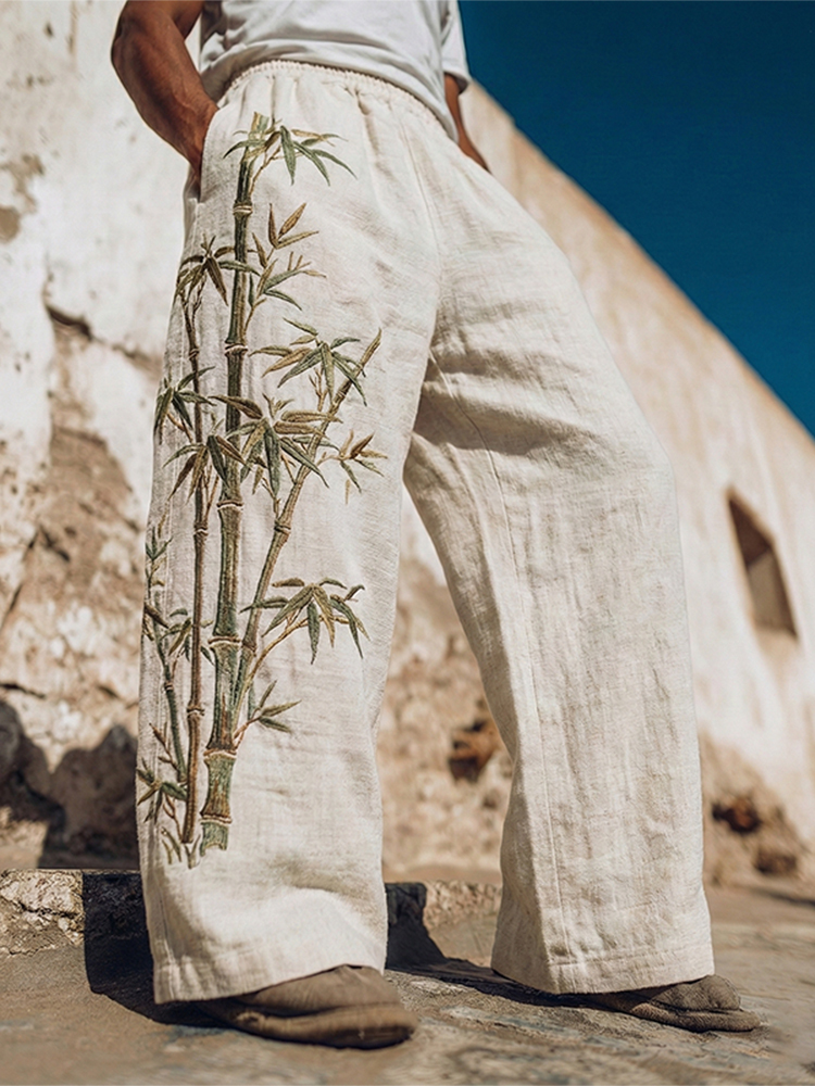 Men's Japanese Bamboo Art Pattern Linen Blend Pants - Beige