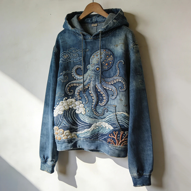 Men's Japanese-style Octopus With Wave Denim Print Casual Linen Shirt - Blue
