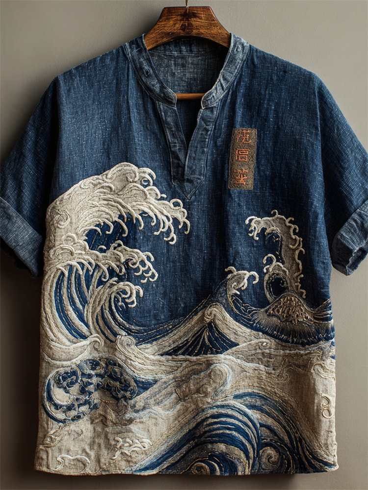 Japanese Great Sea Wave Denim Washed Linen Shirt - Blue