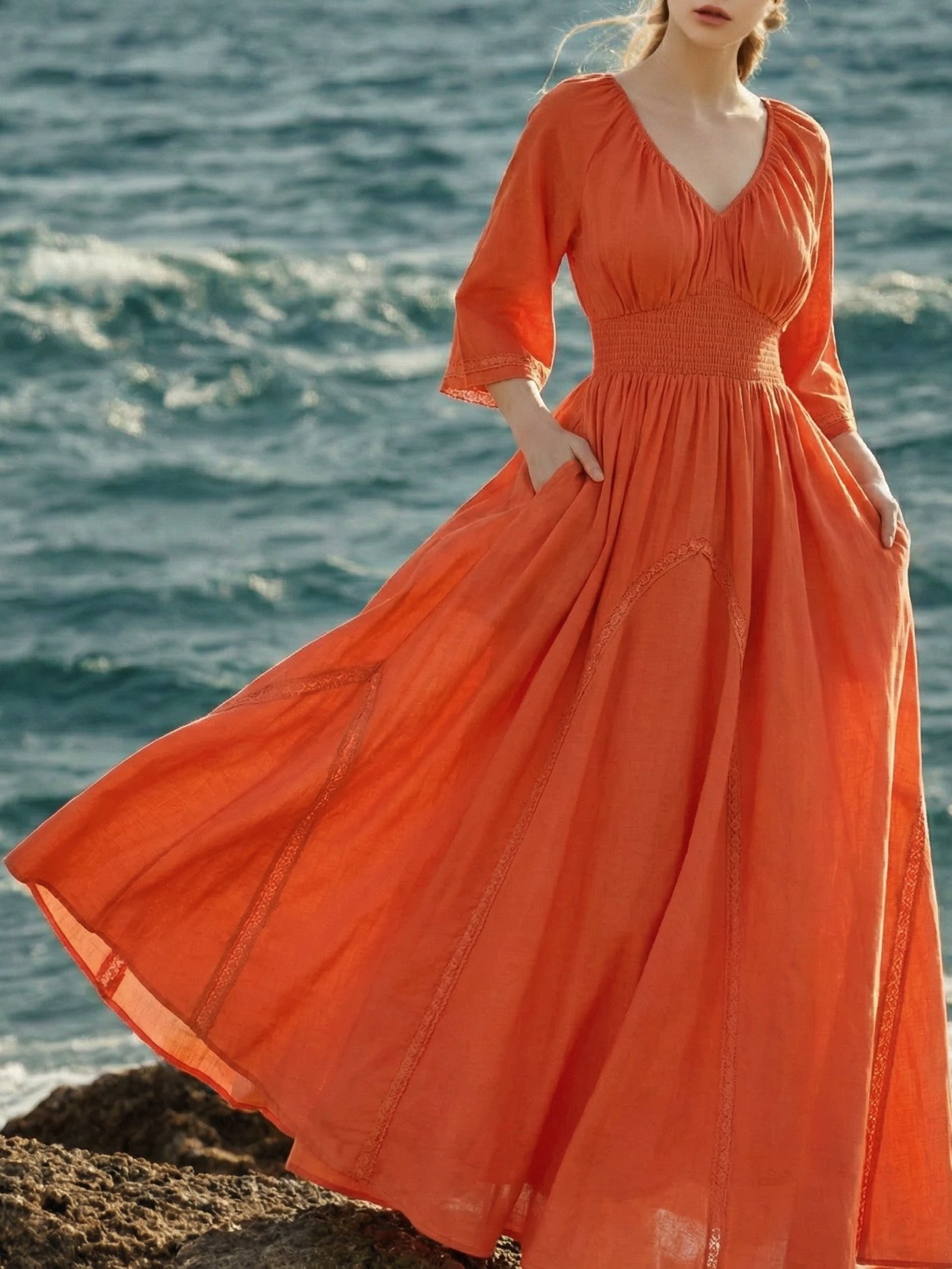 Maxi Cotton Dress, Half Sleeve, V Neck, Plain, Lace, Vacation, Vintage, Light Orange - Light Orange
