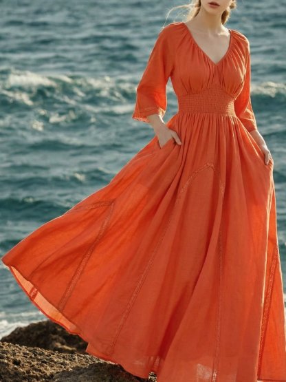 Maxi Cotton Dress, Half Sleeve, V Neck, Plain, Lace, Vacation, Vintage, Light Orange - Light Orange