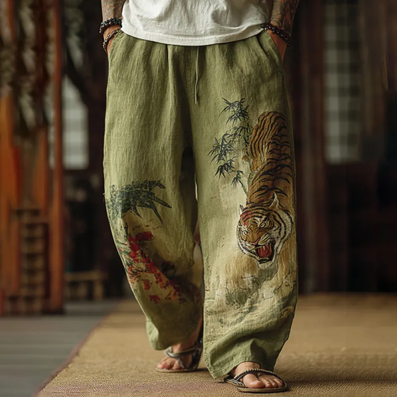 Men's Japanese Tiger And Bamboo Pattern Contrast Wide Leg Linen Pants - Green