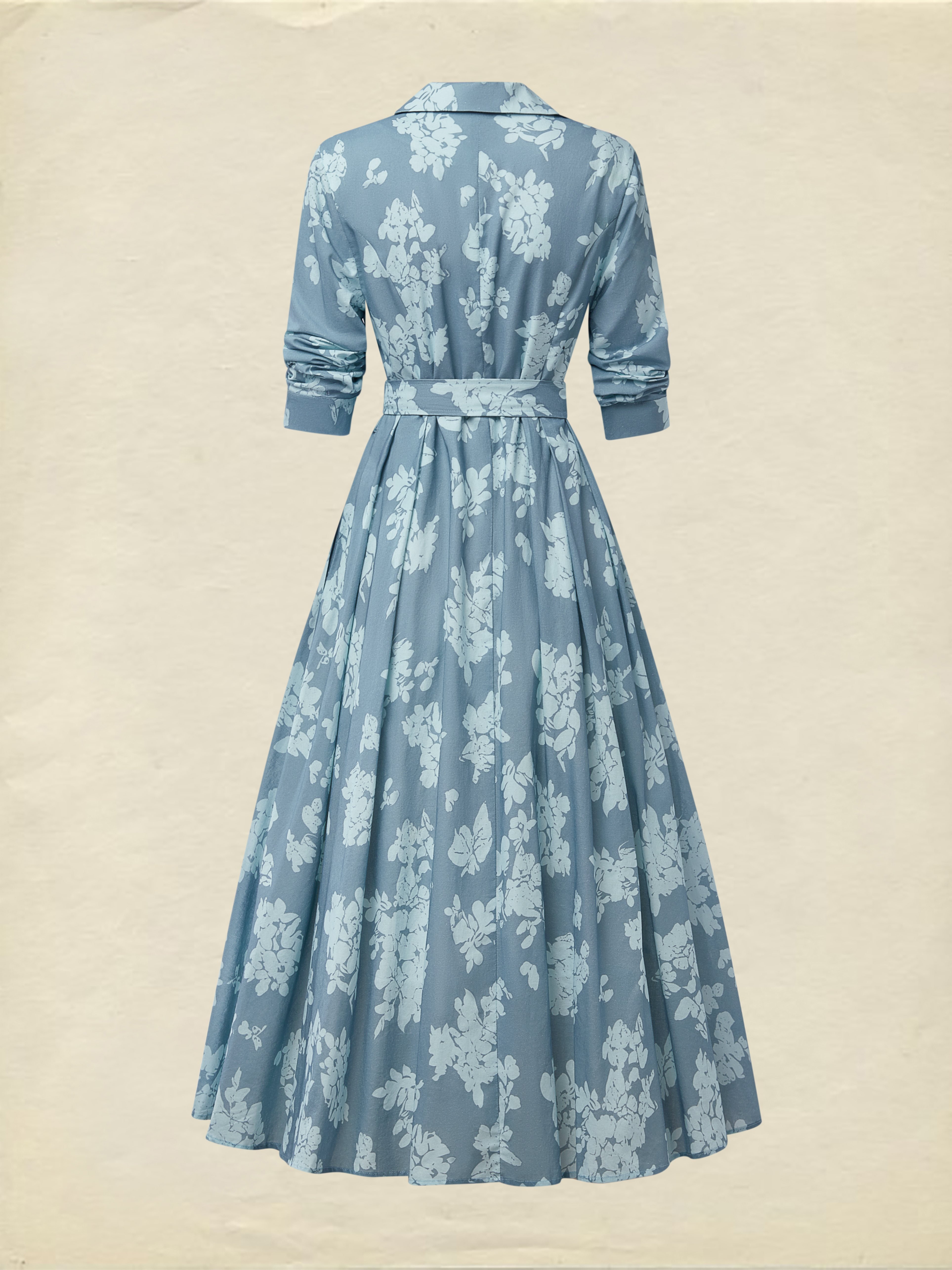 Midi Linen Dress , Half Sleeve, Shawl Collar, Floral, Button Design, Vintage, Blue - Blue