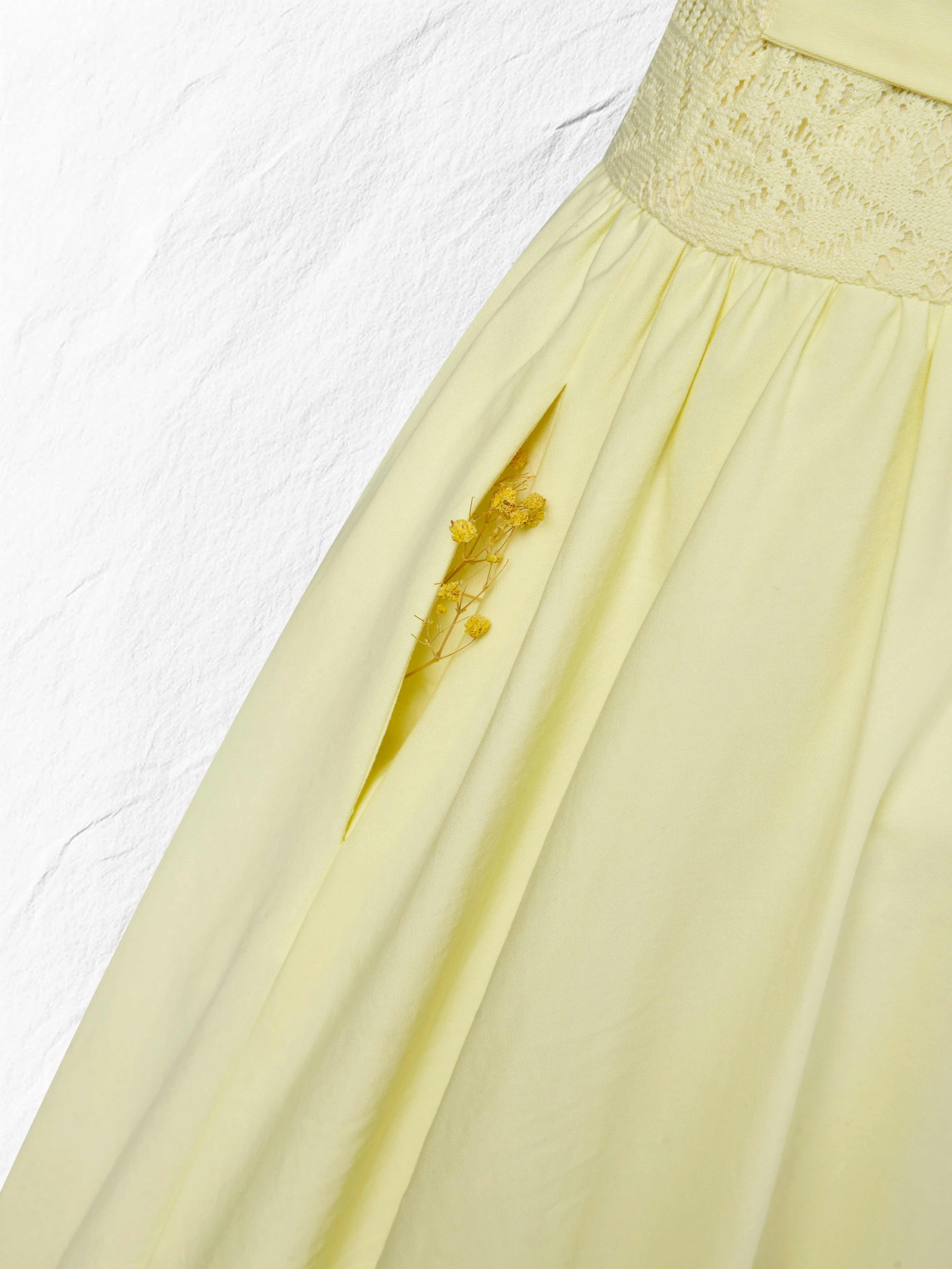 Midi Cotton Dress, Sleeveless, Round Neck, Plain, Lace, French Vintage, Light Yellow - Light Yellow