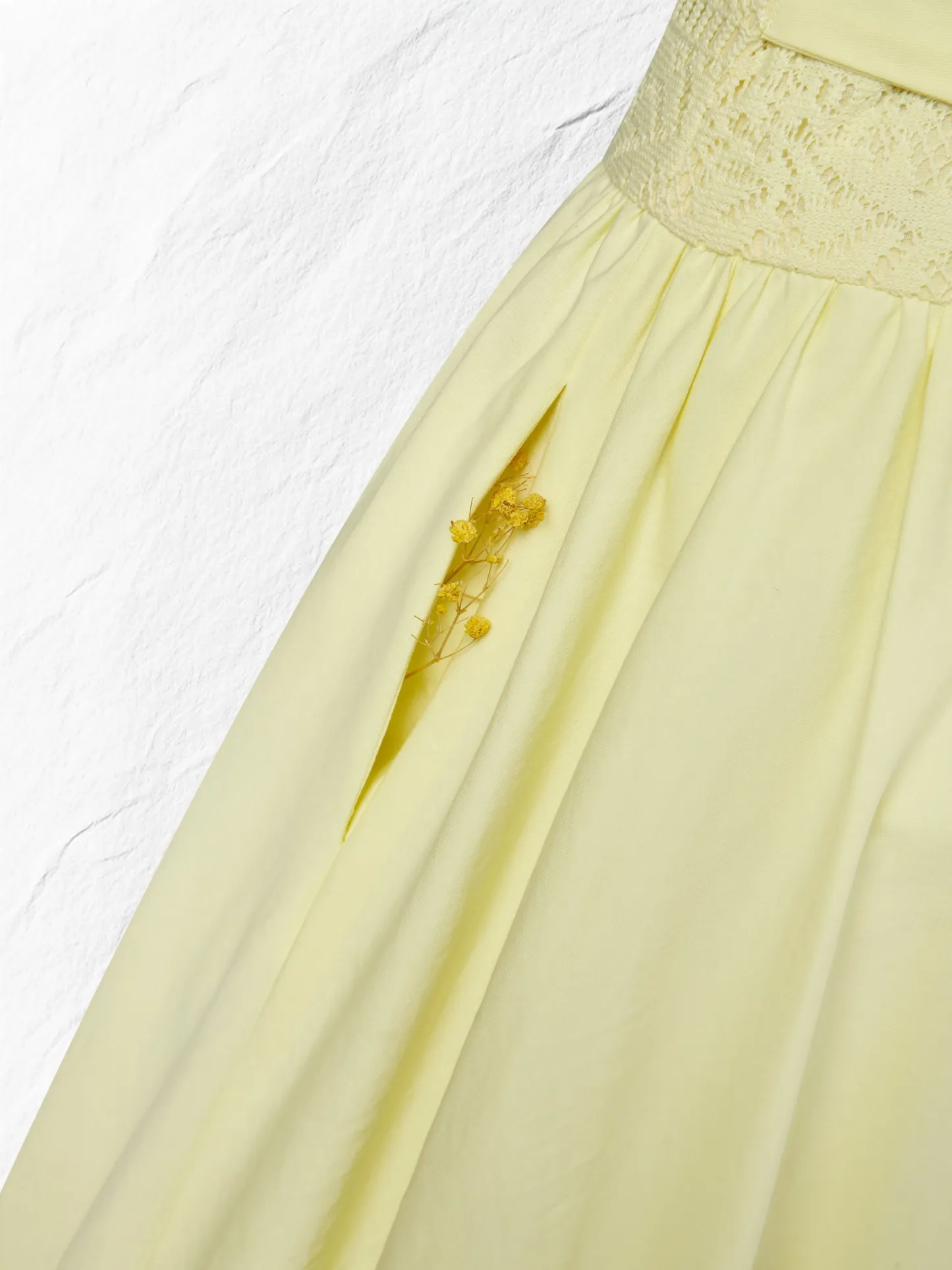 Midi Cotton Dress, Sleeveless, Round Neck, Plain, Lace, French Vintage, Light Yellow - Light Yellow