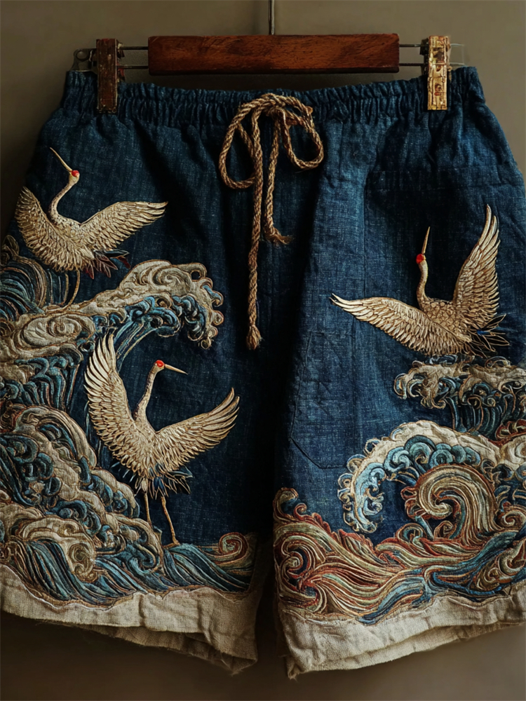 Japanese Cranes & Sea Waves Embroidered Linen Shorts - Navy blue