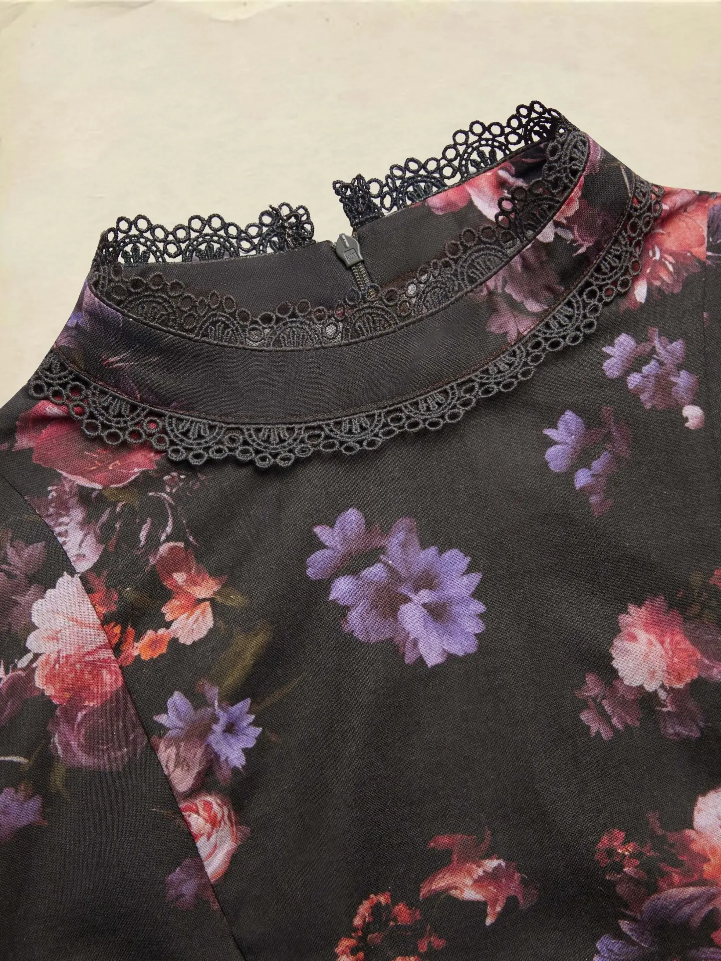 Cotton Blouse, Long Sleeves, Stand Collar, Floral, Lace, Vintage, Black - Black