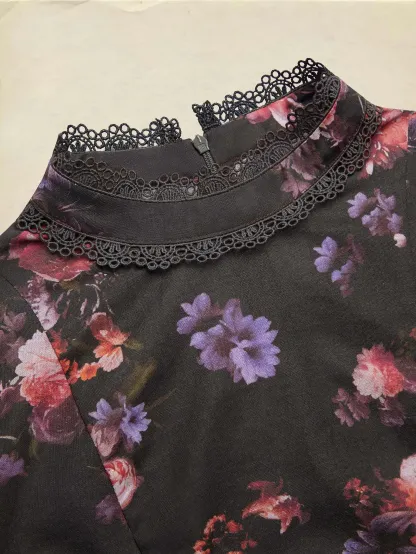 Cotton Blouse, Long Sleeves, Stand Collar, Floral, Lace, Vintage, Black - Black
