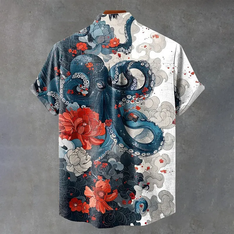 Japanese Style Ocean Octopus Flower Cloud Art Vintage Print Casual Cotton Shirt - Blue