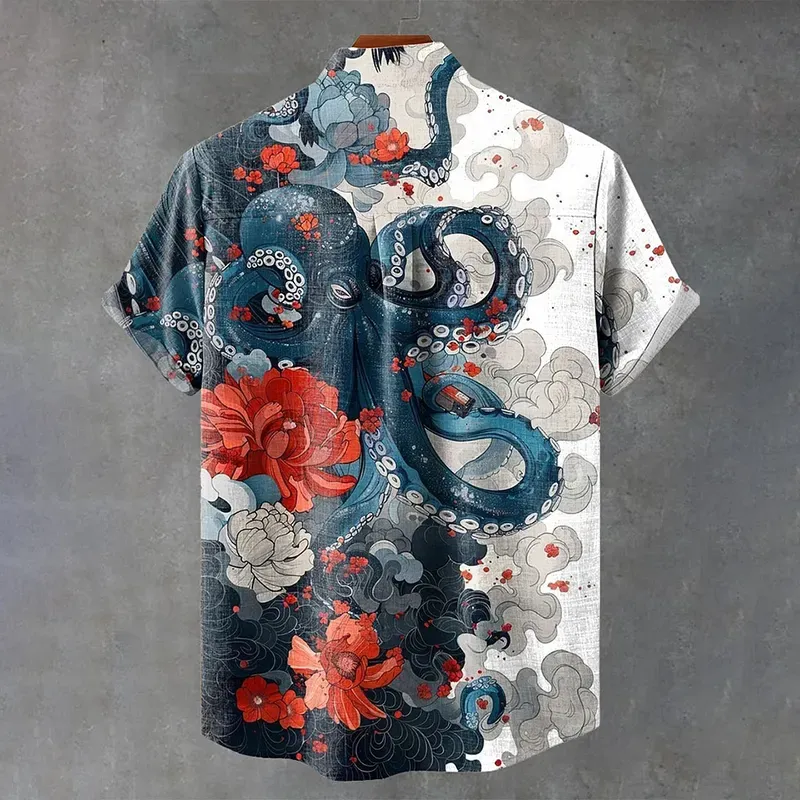 Japanese Style Ocean Octopus Flower Cloud Art Vintage Print Casual Cotton Shirt - Blue