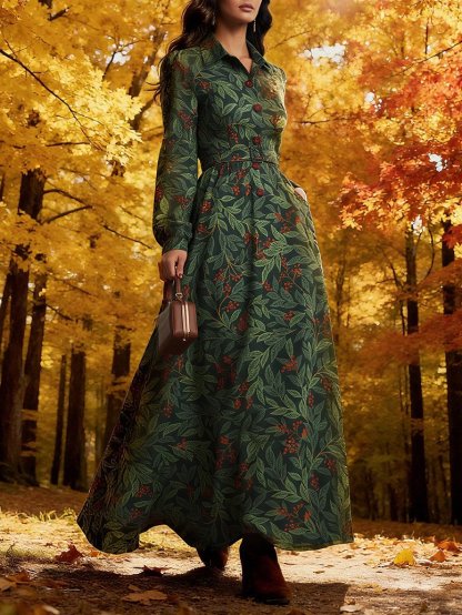Maxi Linen Dress, Long Sleeves, Shawl Collar, Floral, Button Design, Vintage, Green - Green