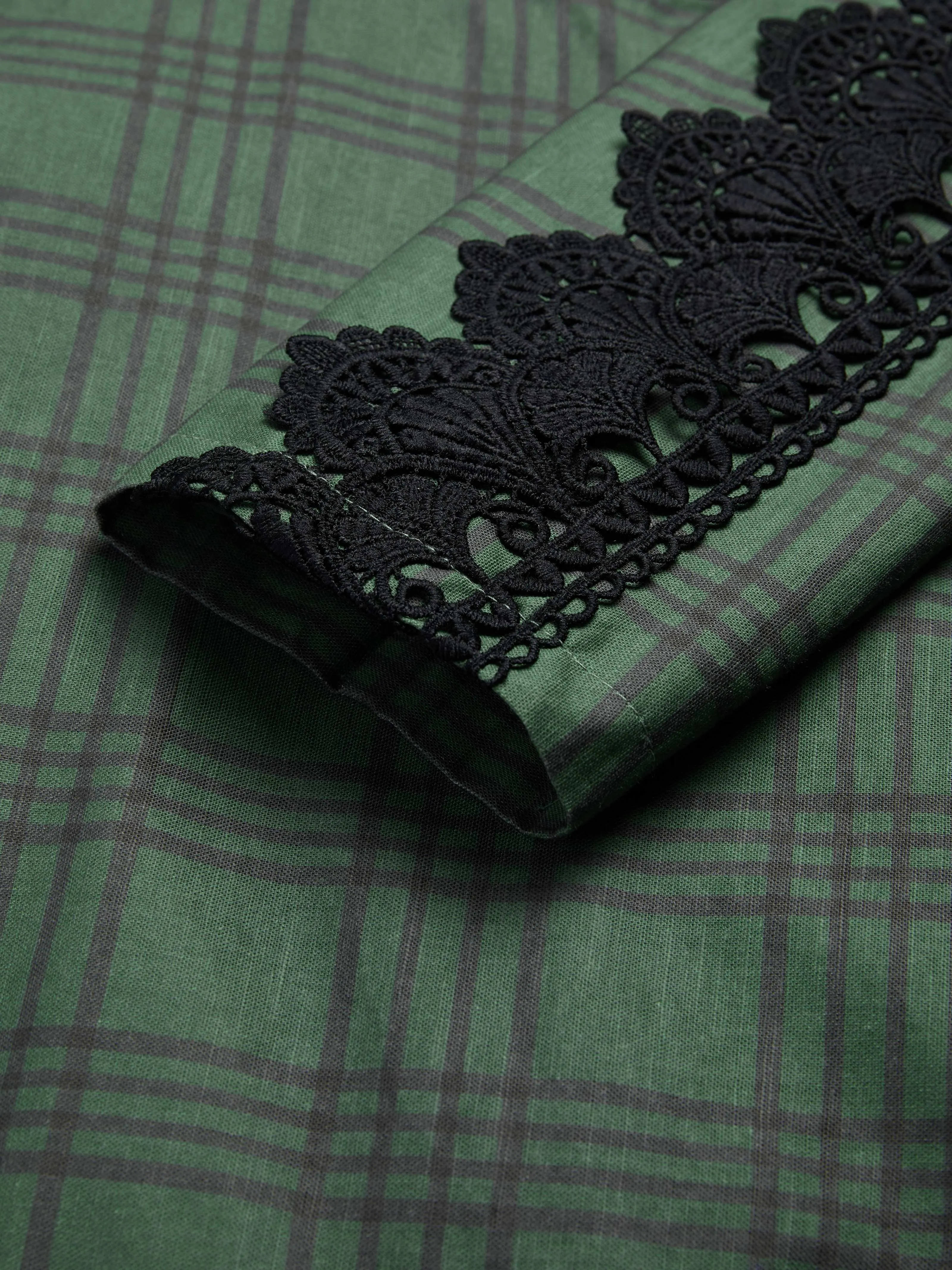 Maxi Linen Dress, Long Sleeves, V Neck, Plaid, Lace, Vintage, Deep Green - Deep Green