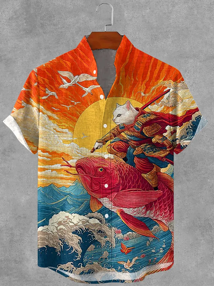 Men's Warrior White Cat Riding A Koi Japanese Art Print Short Sleeve Shirt - Multicolor