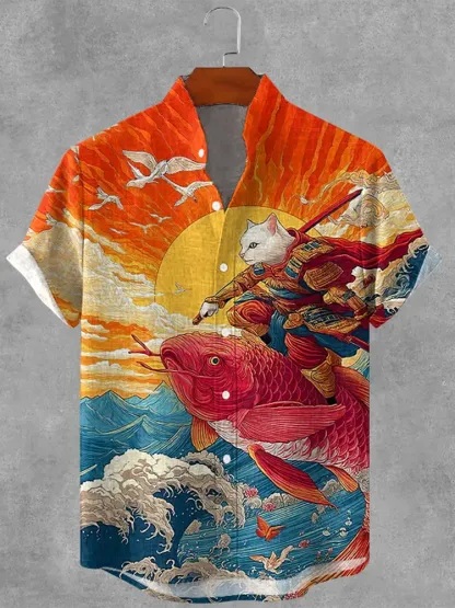 Men's Warrior White Cat Riding A Koi Japanese Art Print Short Sleeve Shirt - Multicolor