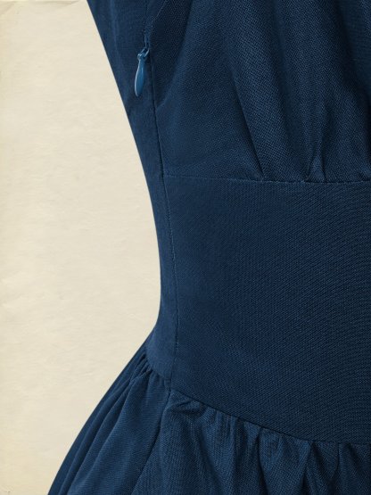Maxi Linen Dress , Short Sleeves, V Neck, Plain, Lace, Vintage, Blue - Dark_blue