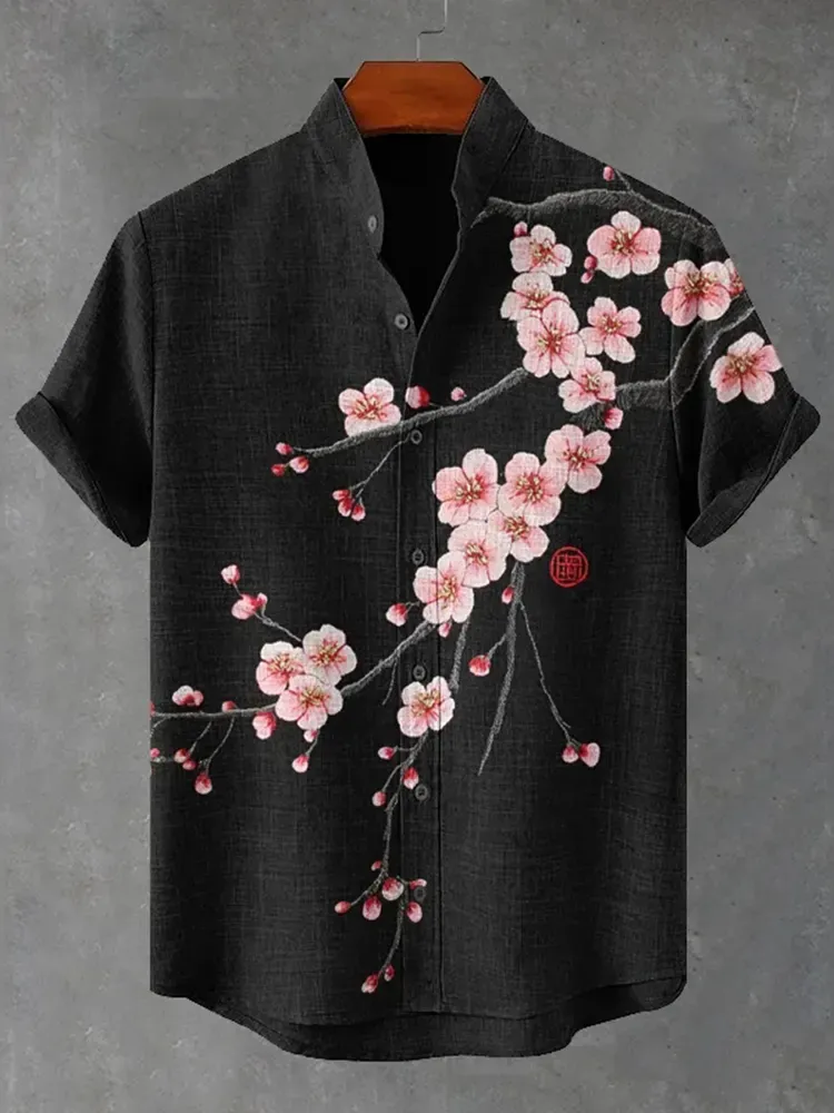 Men's Cherry Blossom Print Short Sleeve Shirt - Black