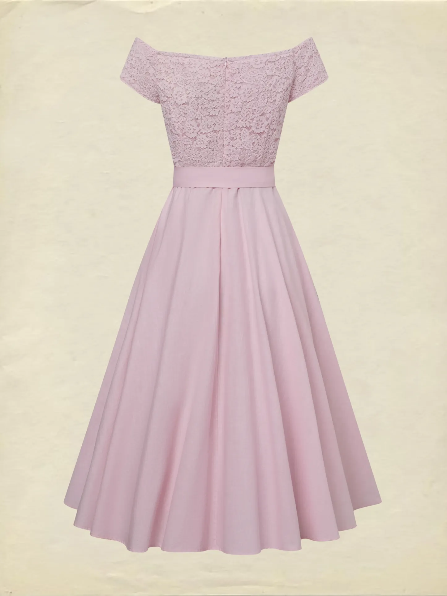 Midi Cotton Dress, Sleeveless, Off The Shoulder, Plain, Lace, French Vintage, Pink - Pink