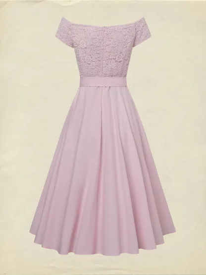 Midi Cotton Dress, Sleeveless, Off The Shoulder, Plain, Lace, French Vintage, Pink - Pink