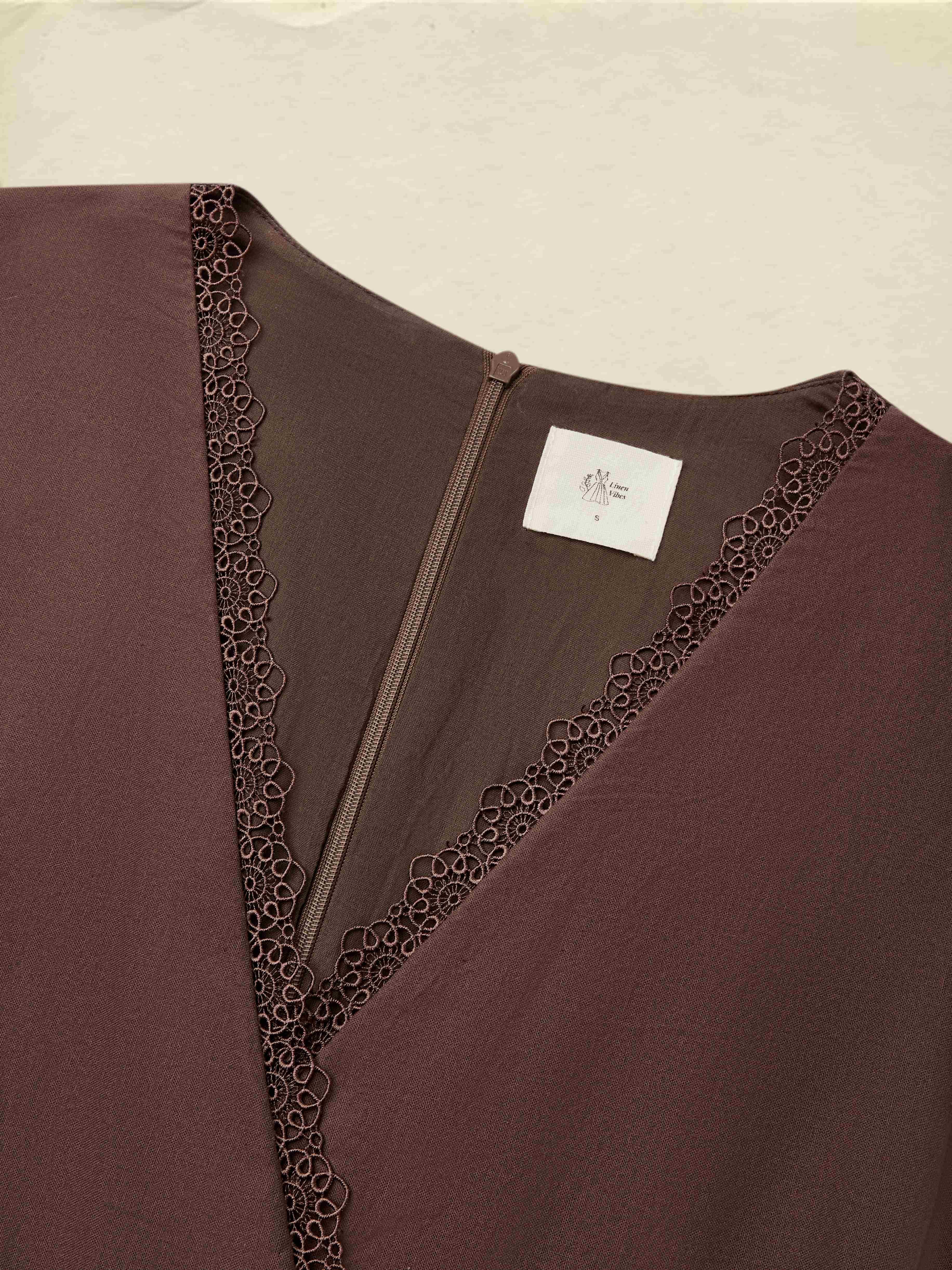 Linen Maxi Dress, Short Sleeve, Lace Collar, Plain, Vintage, CAMEO BROWN - CAMEO BROWN
