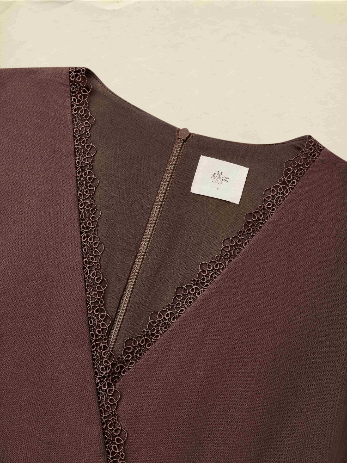 Linen Maxi Dress, Short Sleeve, Lace Collar, Plain, Vintage, CAMEO BROWN - CAMEO BROWN