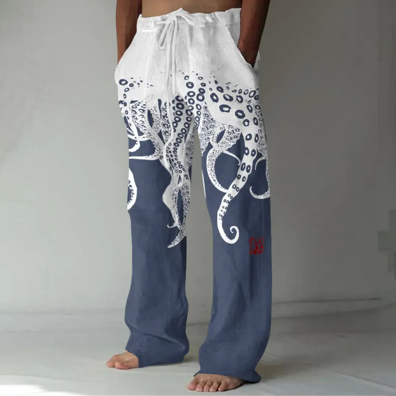 Vintage Japanese Art Octopus Legs Print Casual Linen Blend Pants - Black