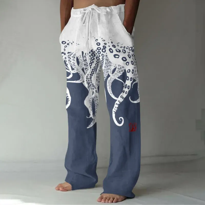 Vintage Japanese Art Octopus Legs Print Casual Linen Blend Pants - Black