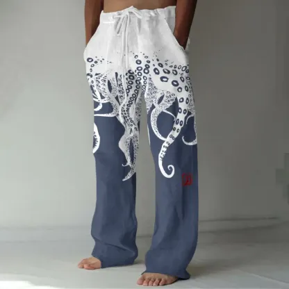 Vintage Japanese Art Octopus Legs Print Casual Linen Blend Pants - Black