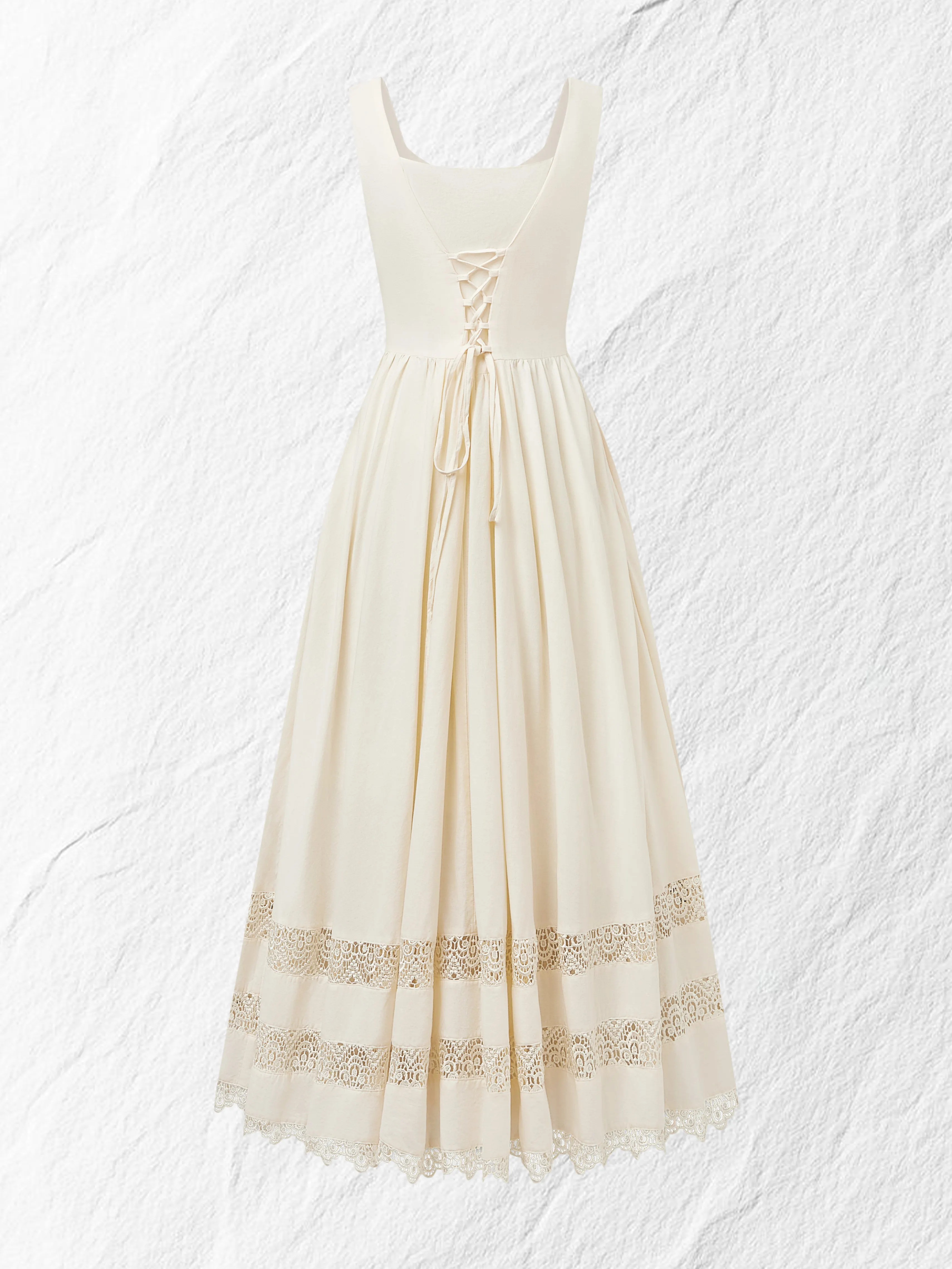 Maxi Linen Dress, Sleeveless, Sweetheart Neckline, Plain, Lace, Vintage, White - White