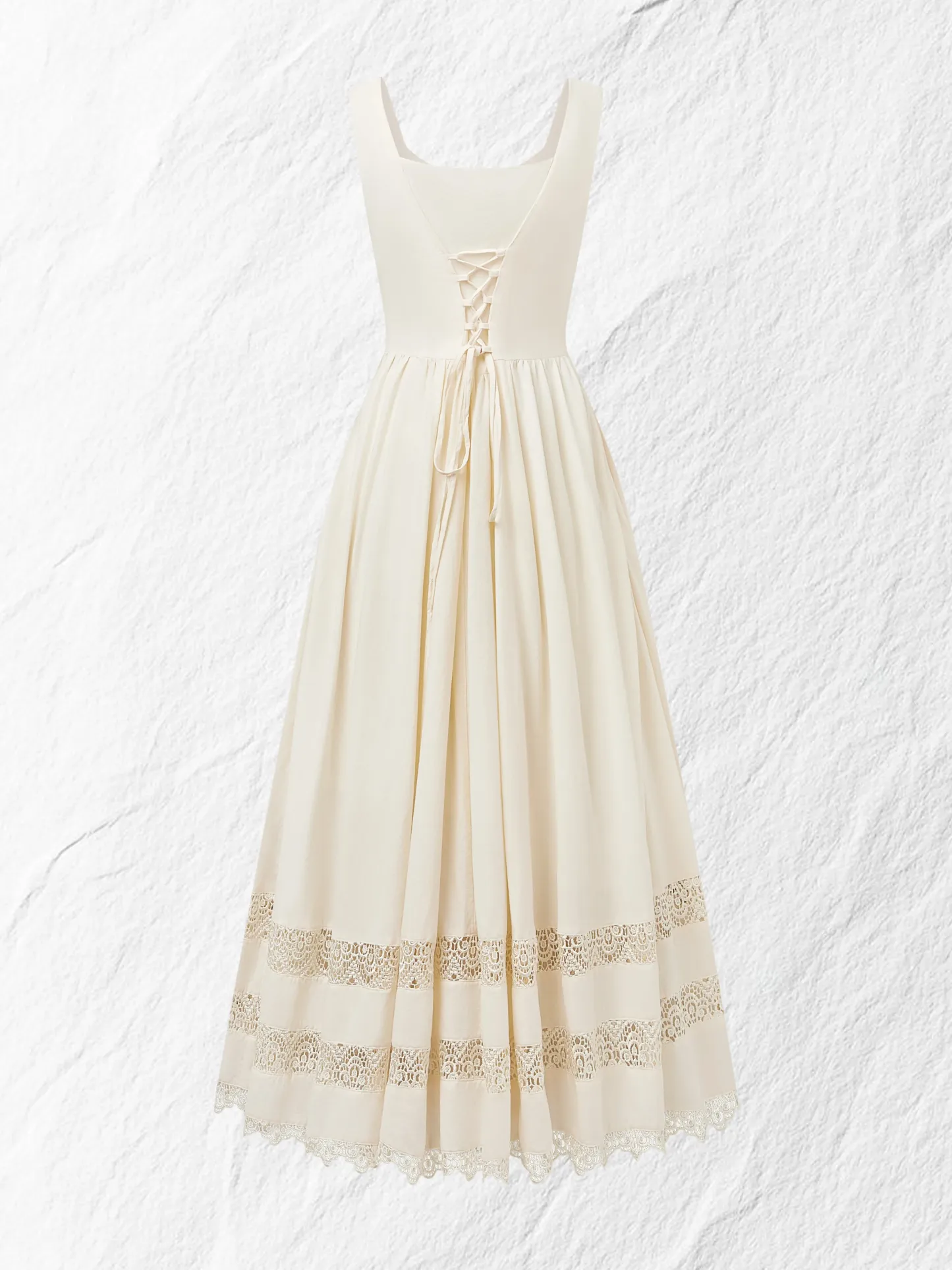 Maxi Linen Dress, Sleeveless, Sweetheart Neckline, Plain, Lace, Vintage, White - White
