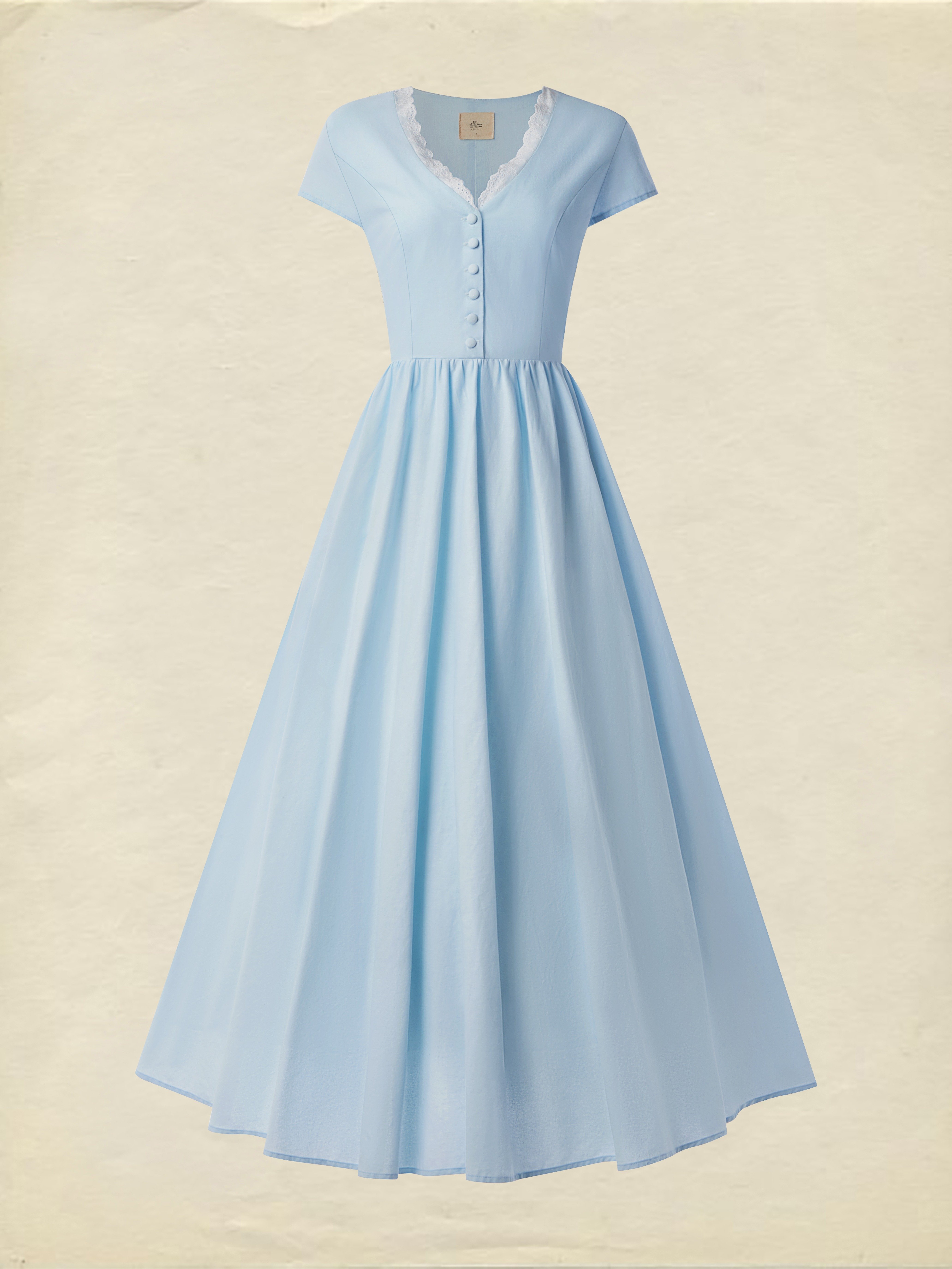 Midi Linen Dress, Short Sleeves, V Collar, Linen Blend, Plain, Renaissance - Blue