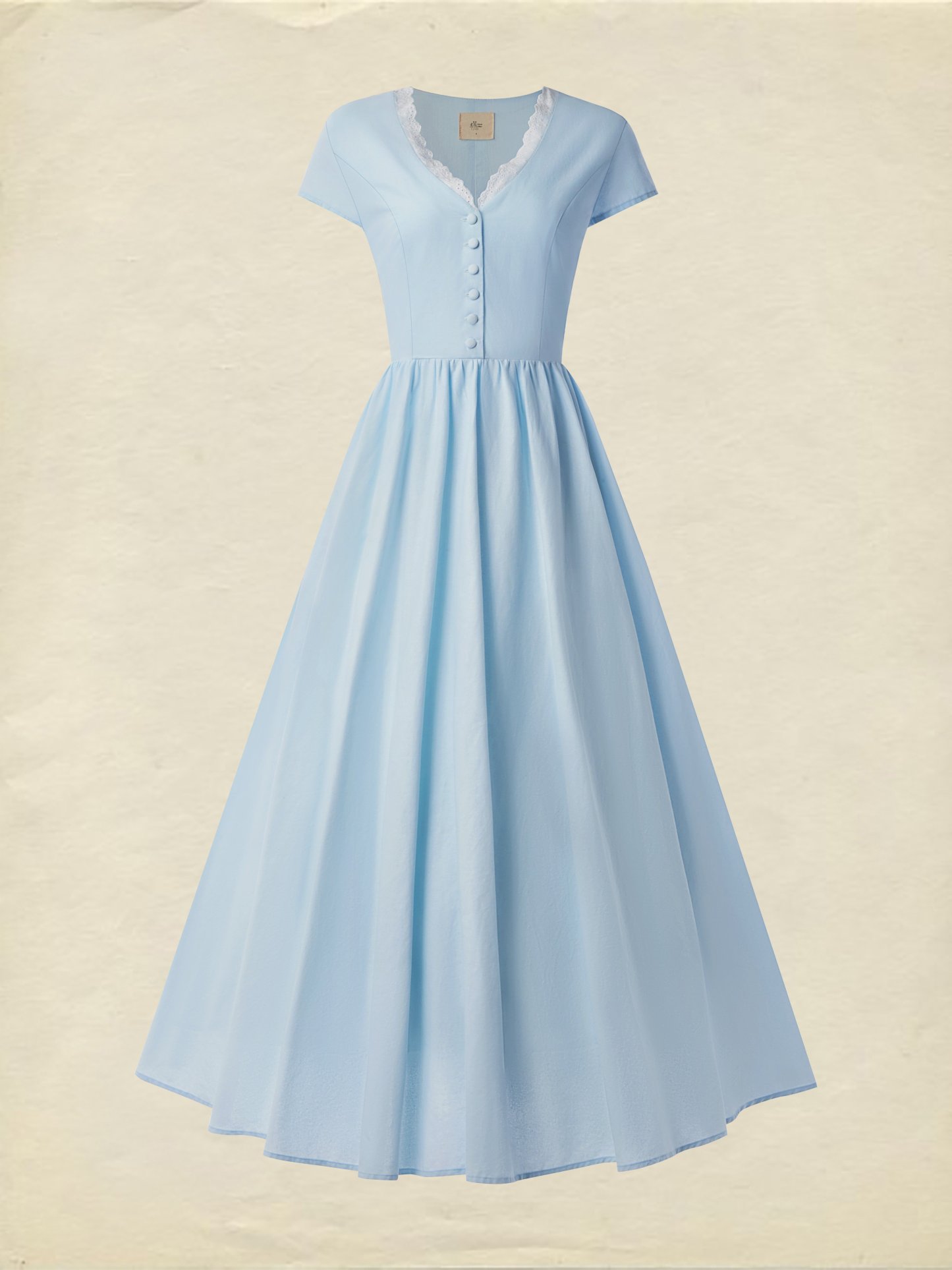Midi Linen Dress, Short Sleeves, V Collar, Linen Blend, Plain, Renaissance - Blue