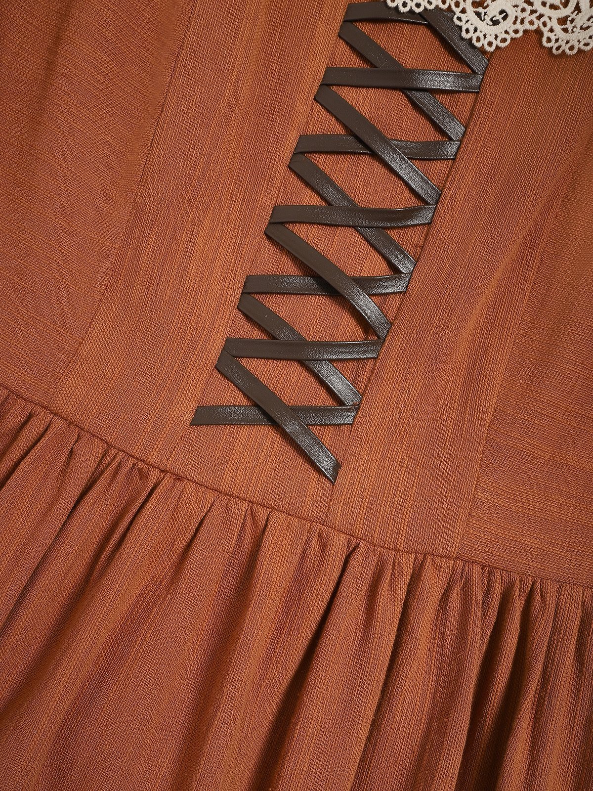 Maxi Cotton Dress, Long Sleeves, Square Neck,  Princess Line, Linen Blend, Orange - Orange