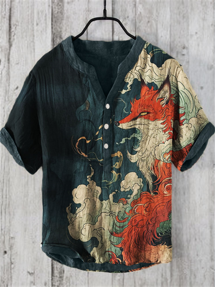 Men's Mythical Fox Japanese Art Linen Shirt - Dark green