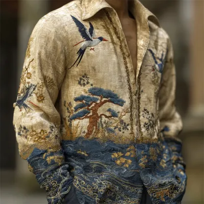 Japanese Bird And Flower Embroidery Art Men's Linen Long Sleeve Shirt - Khaki