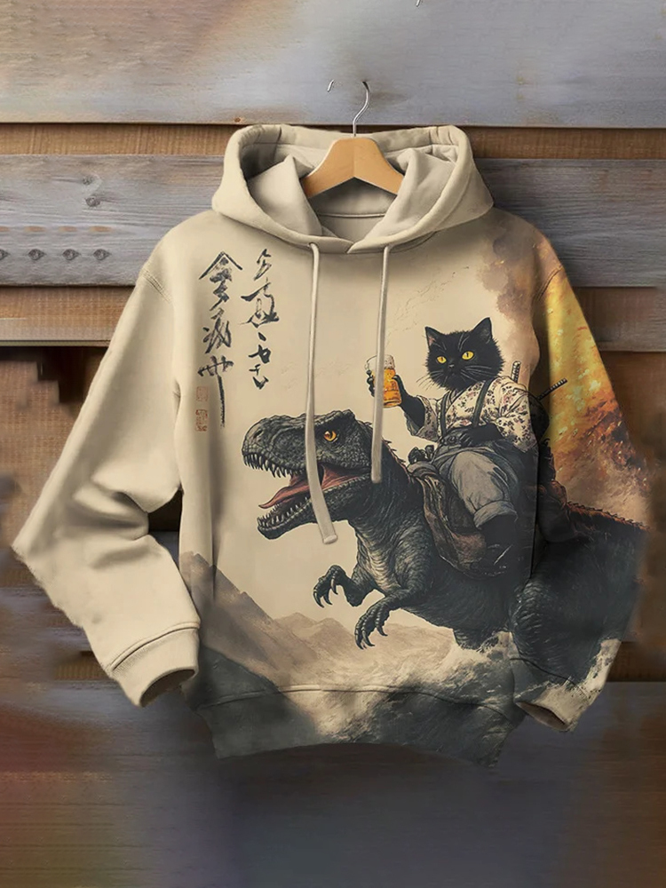 Men's Black Cat Samurai Dinosaur Sea Wave Art Print Casual Hoodie - Khaki