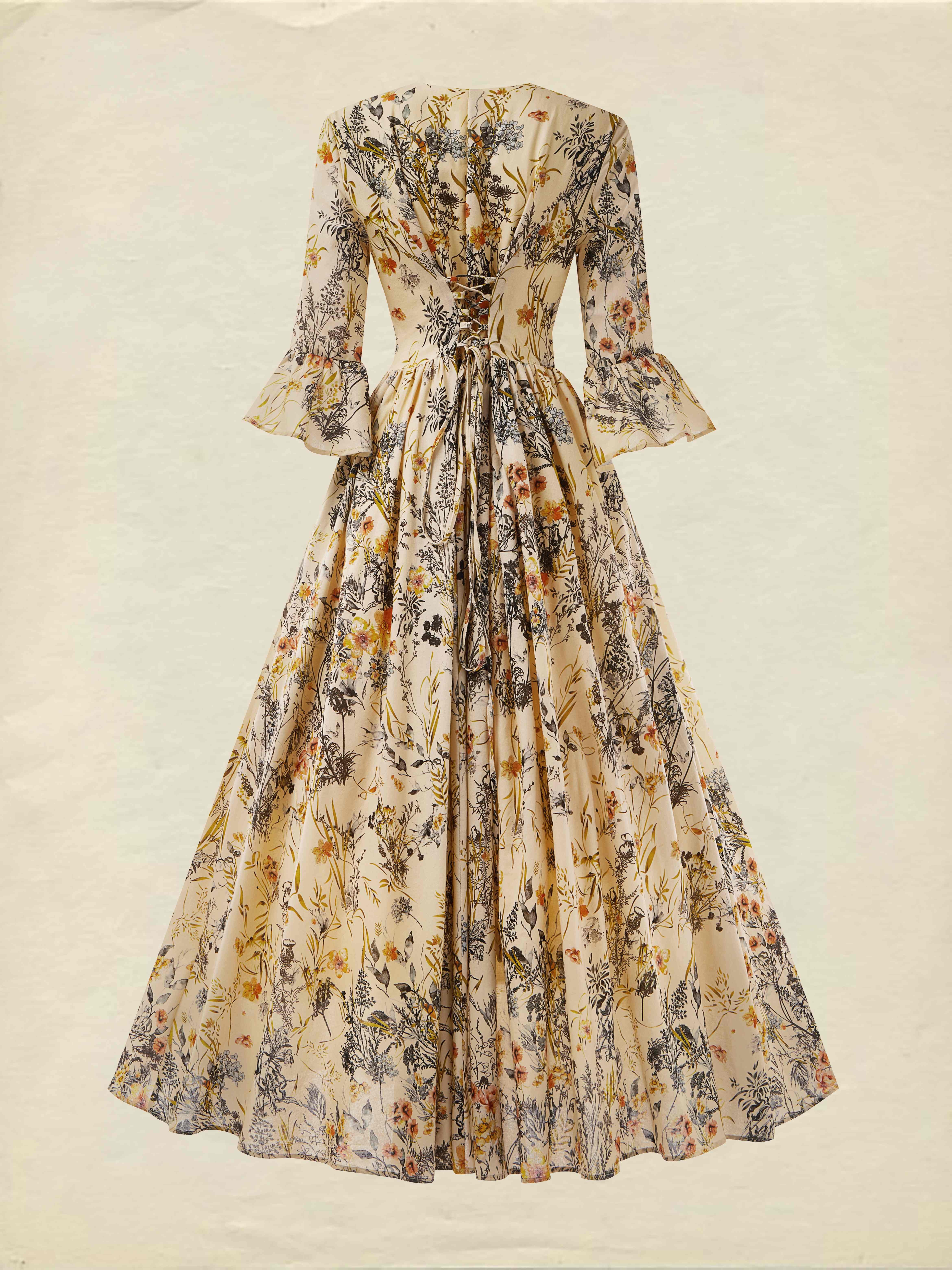 Linen Maxi Dress, Half Sleeve, V neck, Floral, Vintage, Summer - Light Khaki