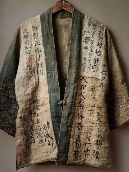 Japanese Ancient Calligraphy Patchwork Linen Kimono - Beige