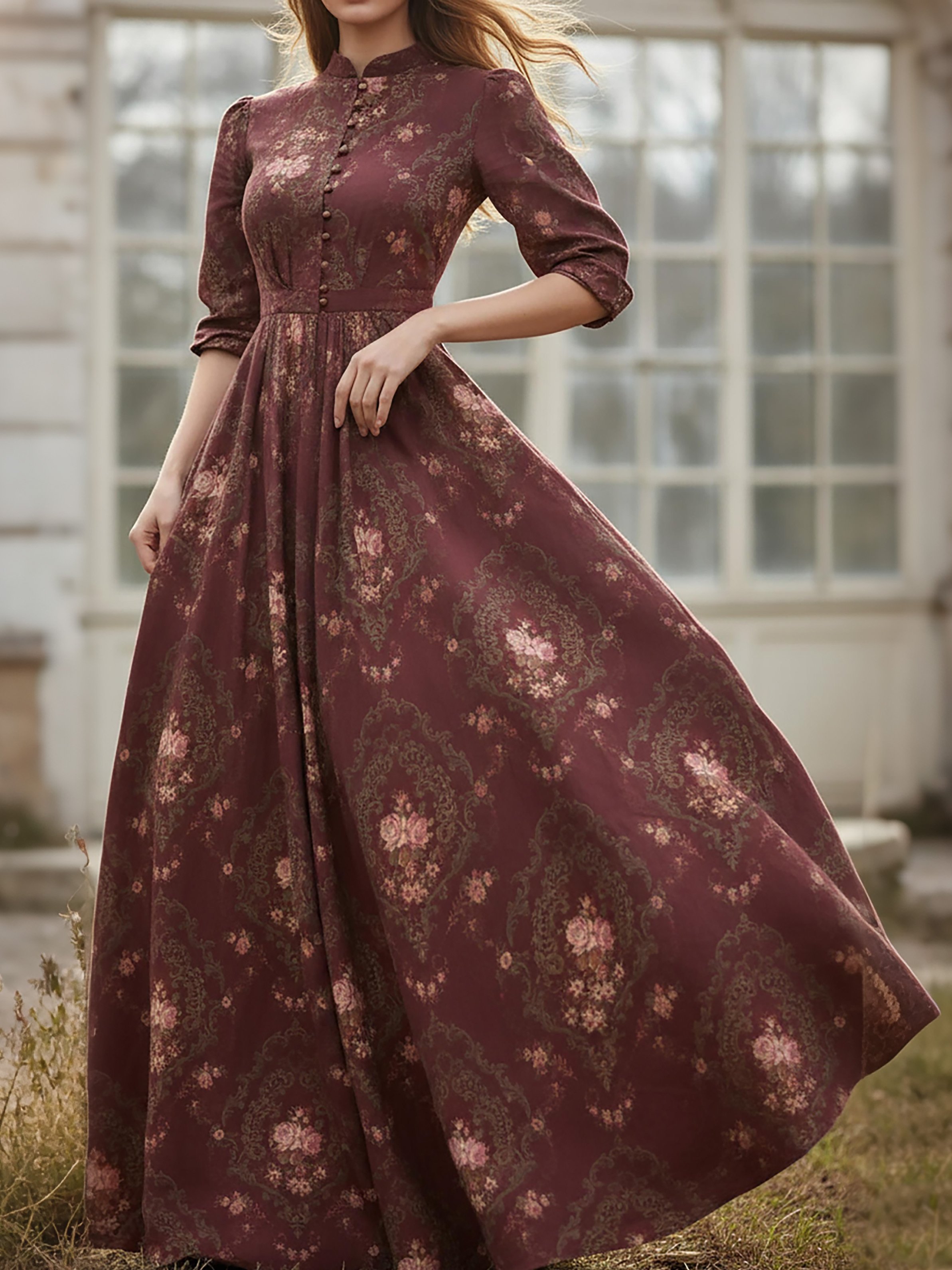Maxi Linen Dress, Long Sleeves, Stand Collar, Floral, Button Design, Vintage, Red - Red